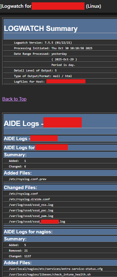 Screenshot of the Logwatch AIDE email report