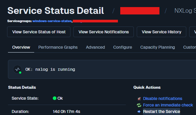Nagios Action Shown on a Service
