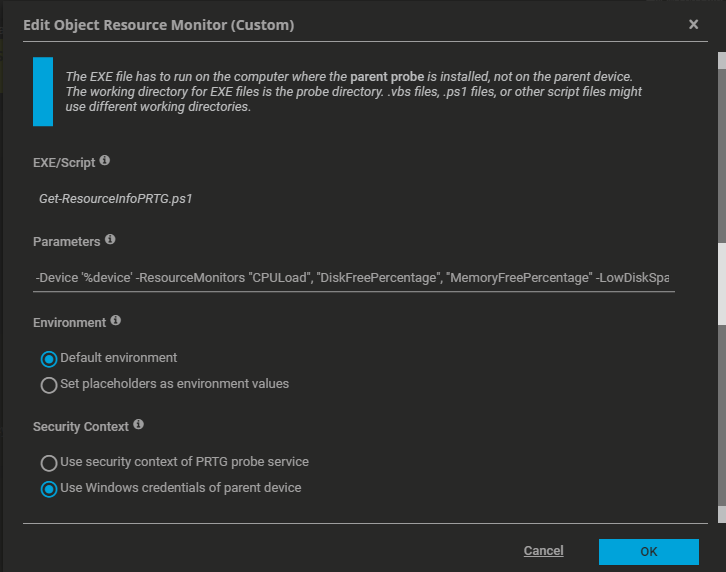 Screenshot of PRTG configuration area to set parameters