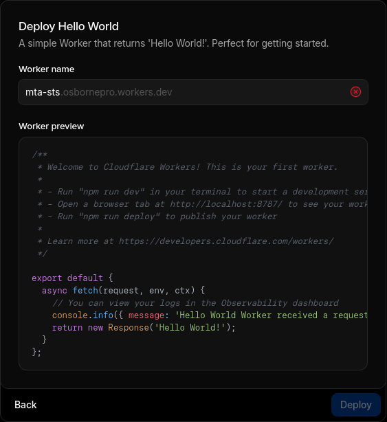 Screenshot of Deploy Hello World options in Cloudflare